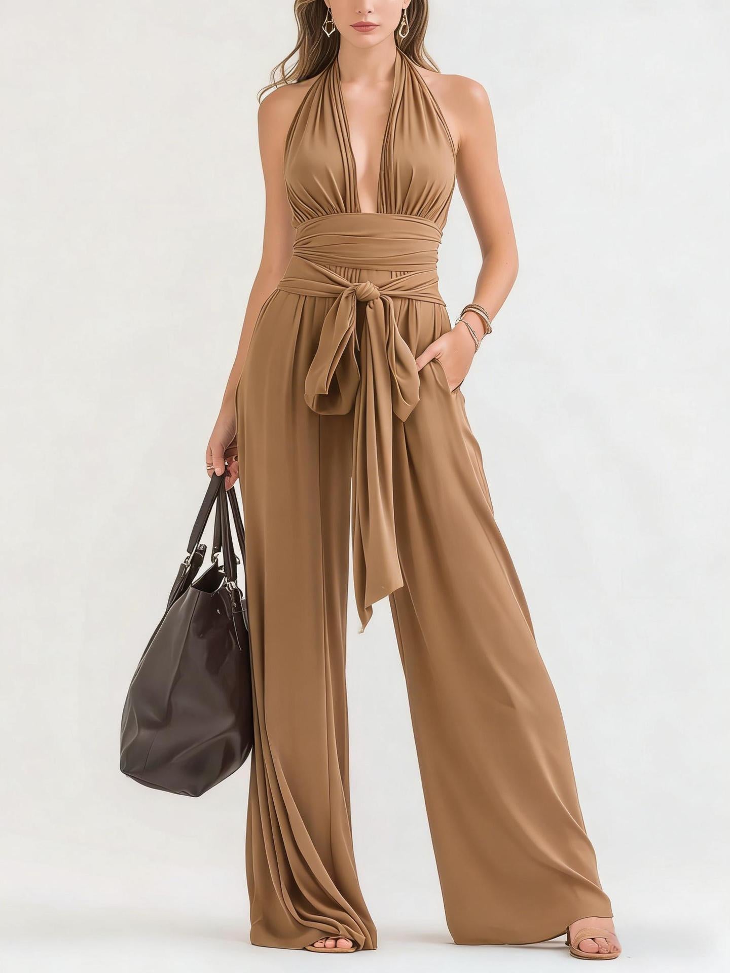 Sophisticated Halter-Neck V-Neck Long Solid-Colored Jumpsuit