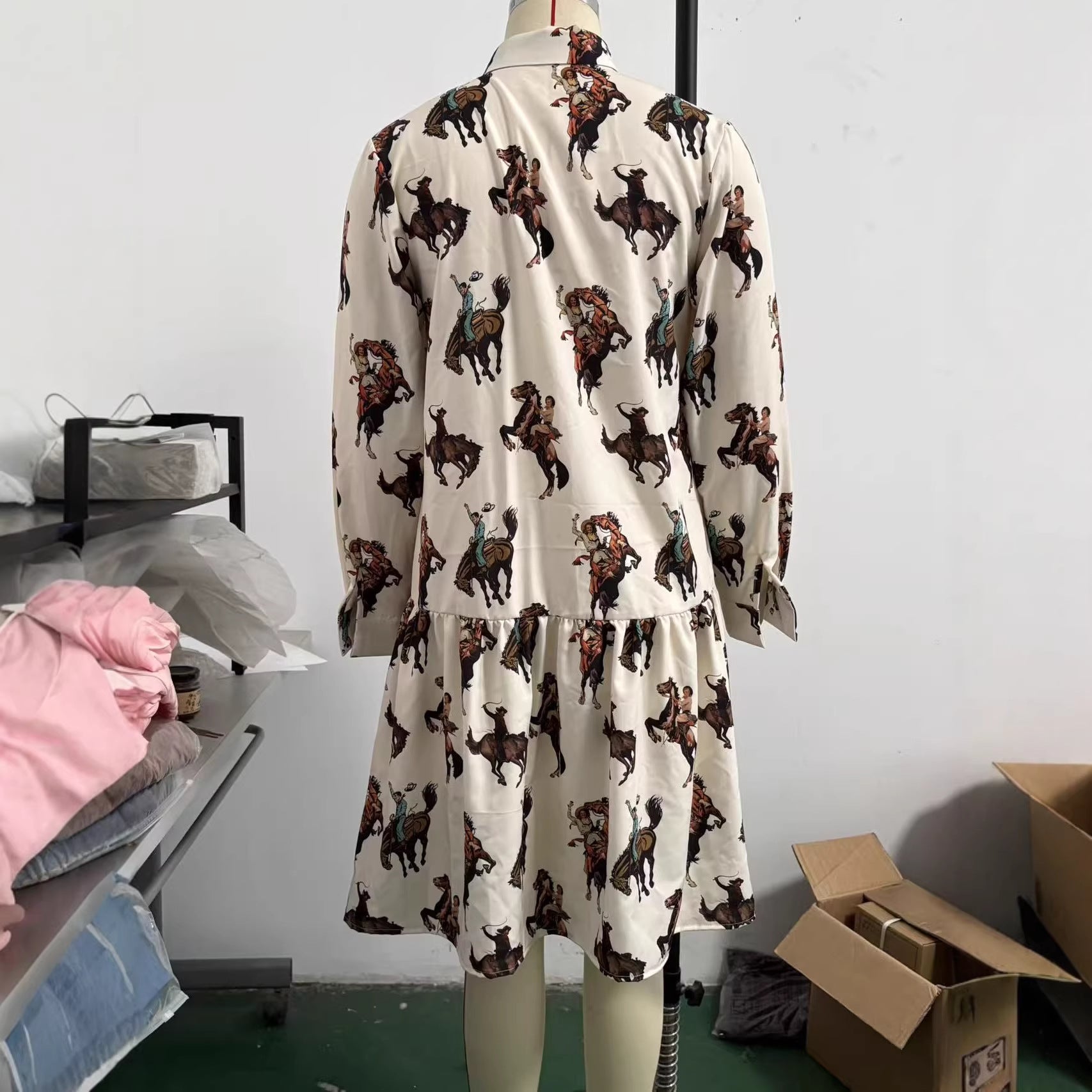Western Cowboy-Style Printed Long-Sleeve Dress