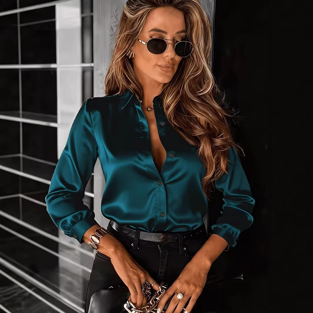 Commuter Drapey Satin Long-Sleeve Lapel Shirt For Women