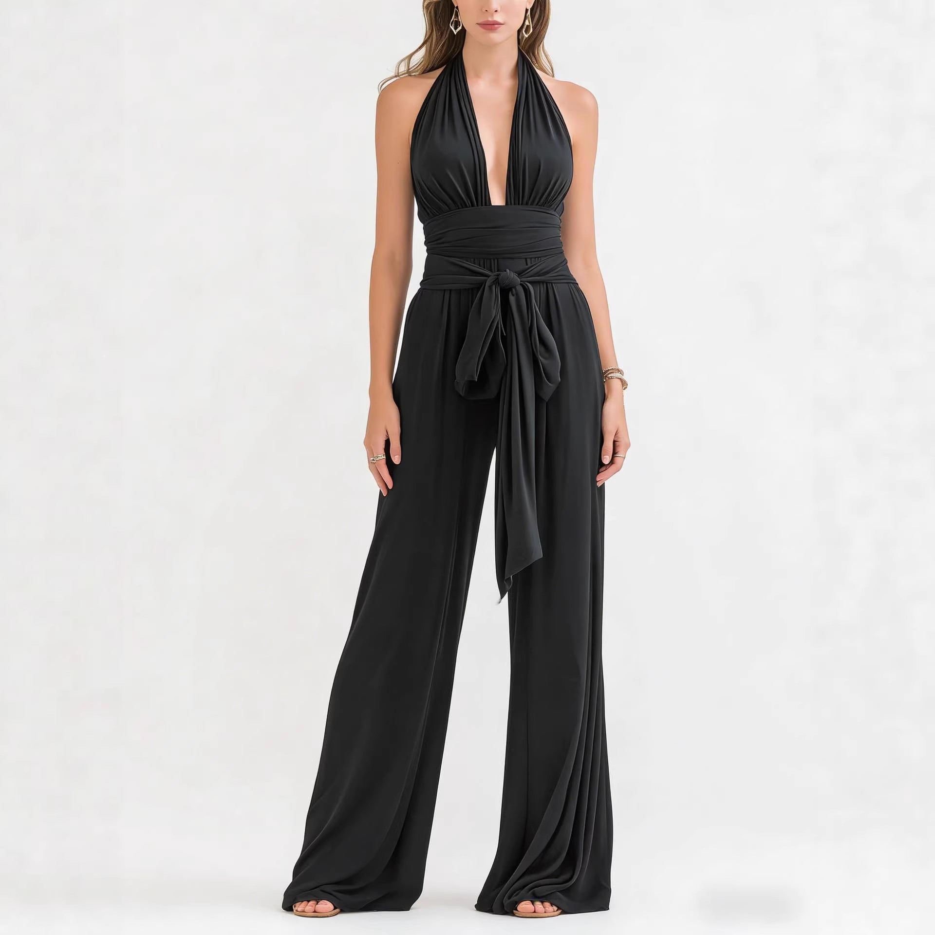 Sophisticated Halter-Neck V-Neck Long Solid-Colored Jumpsuit
