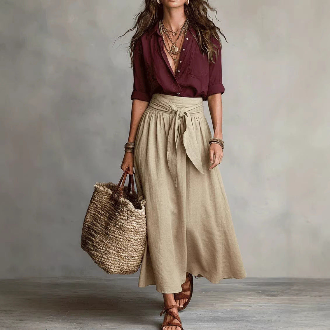 Women's Casual Fashionable Skirt And Shirt Two-Piece Set