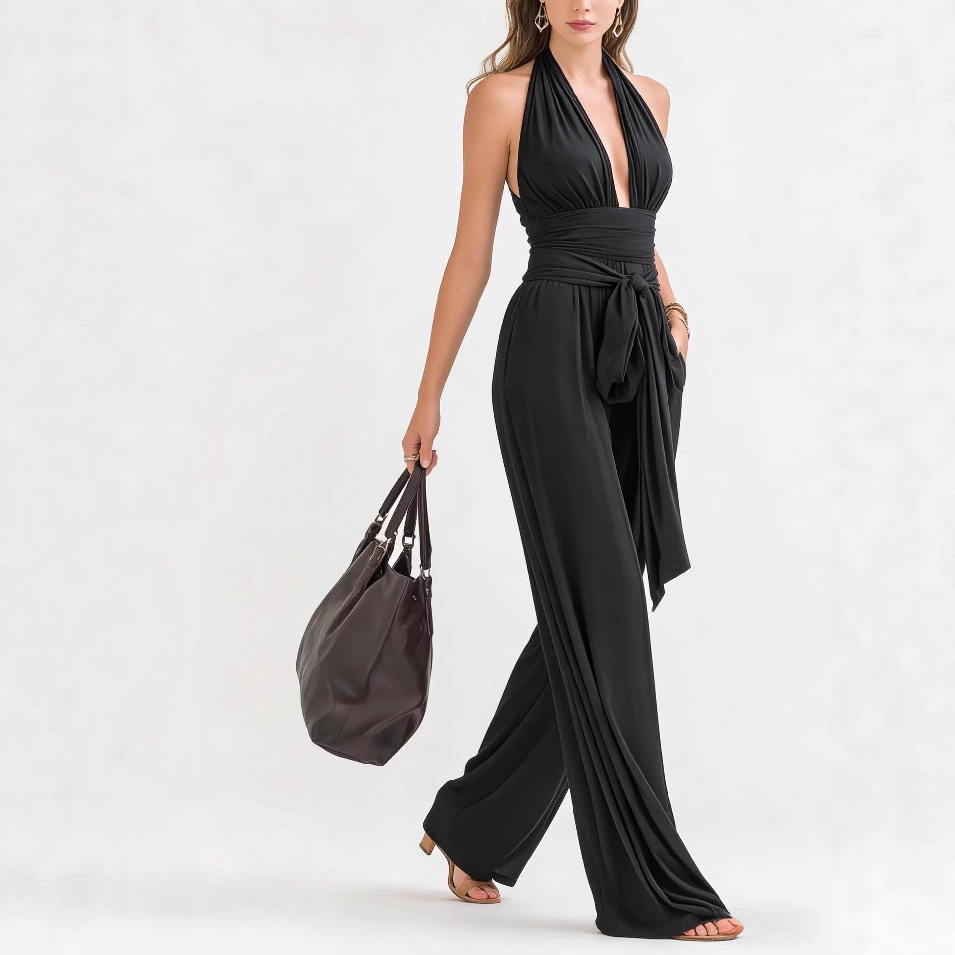 Sophisticated Halter-Neck V-Neck Long Solid-Colored Jumpsuit