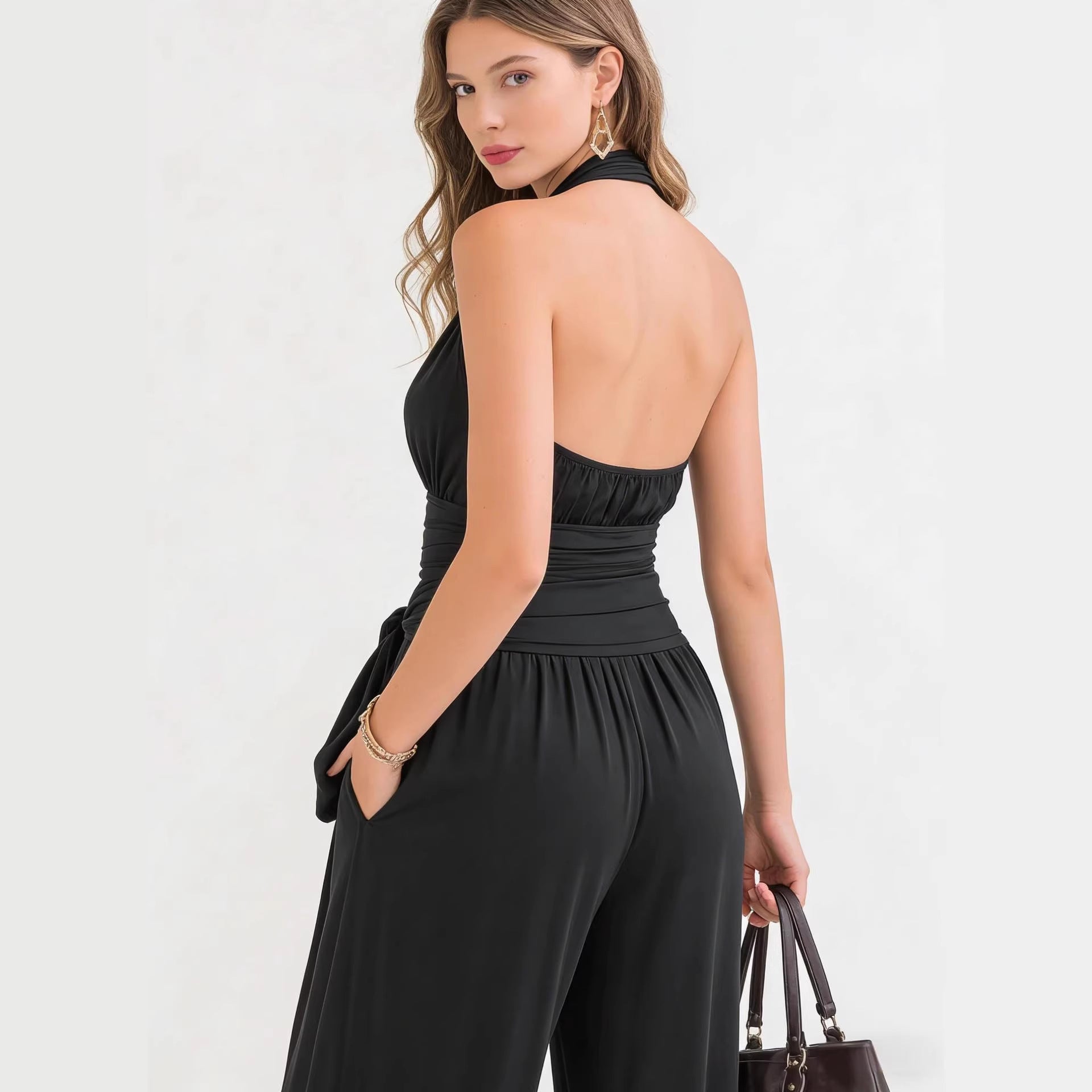 Sophisticated Halter-Neck V-Neck Long Solid-Colored Jumpsuit
