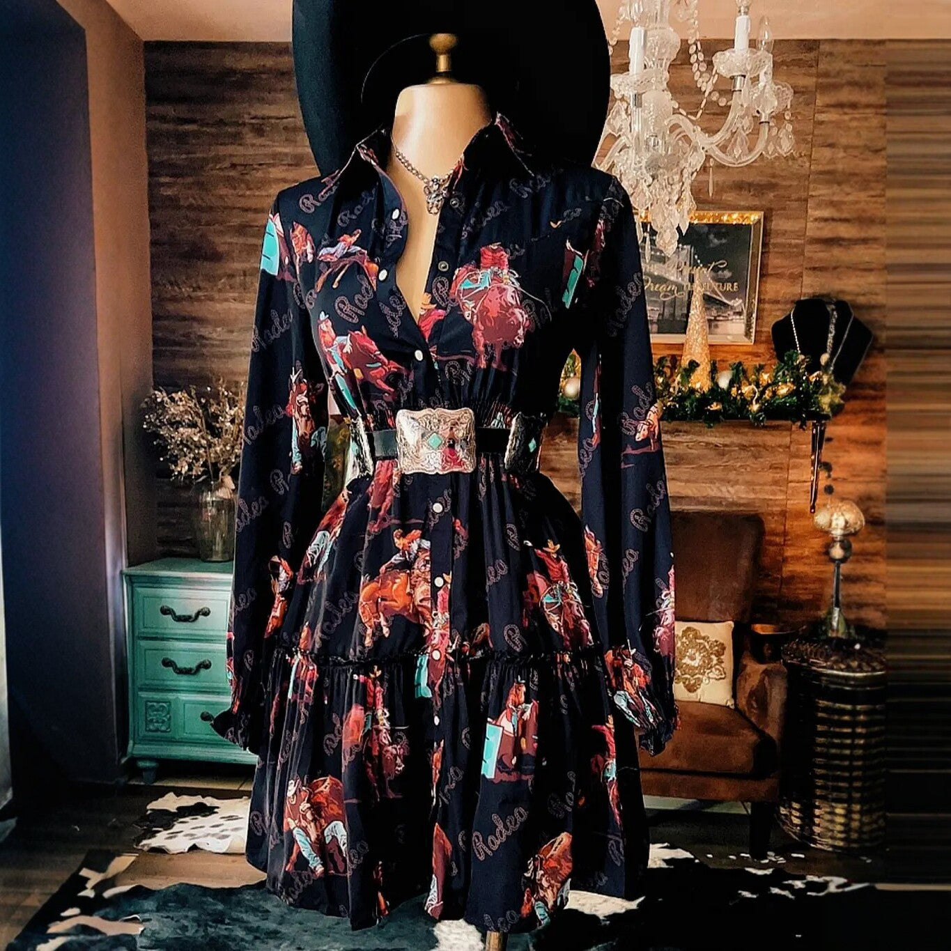Western Cowboy-Style Printed Long-Sleeve Dress