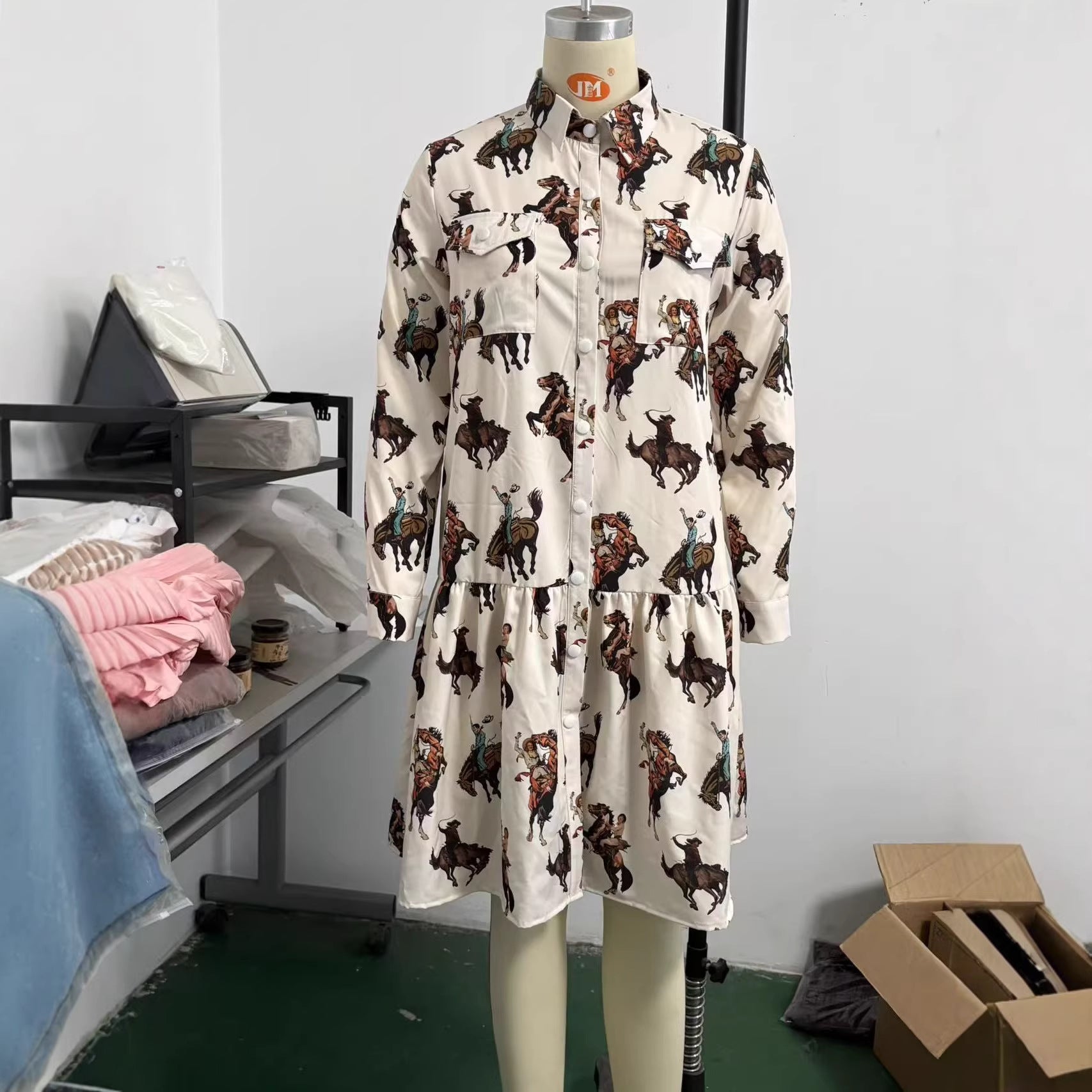 Western Cowboy-Style Printed Long-Sleeve Dress