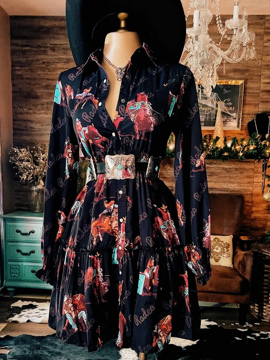 Western Cowboy-Style Printed Long-Sleeve Dress