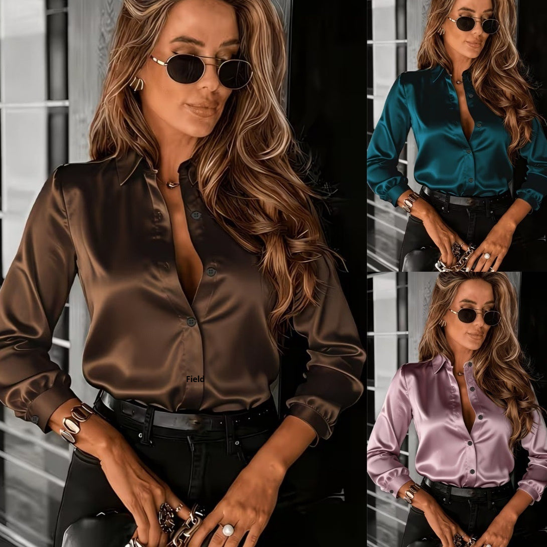 Commuter Drapey Satin Long-Sleeve Lapel Shirt For Women
