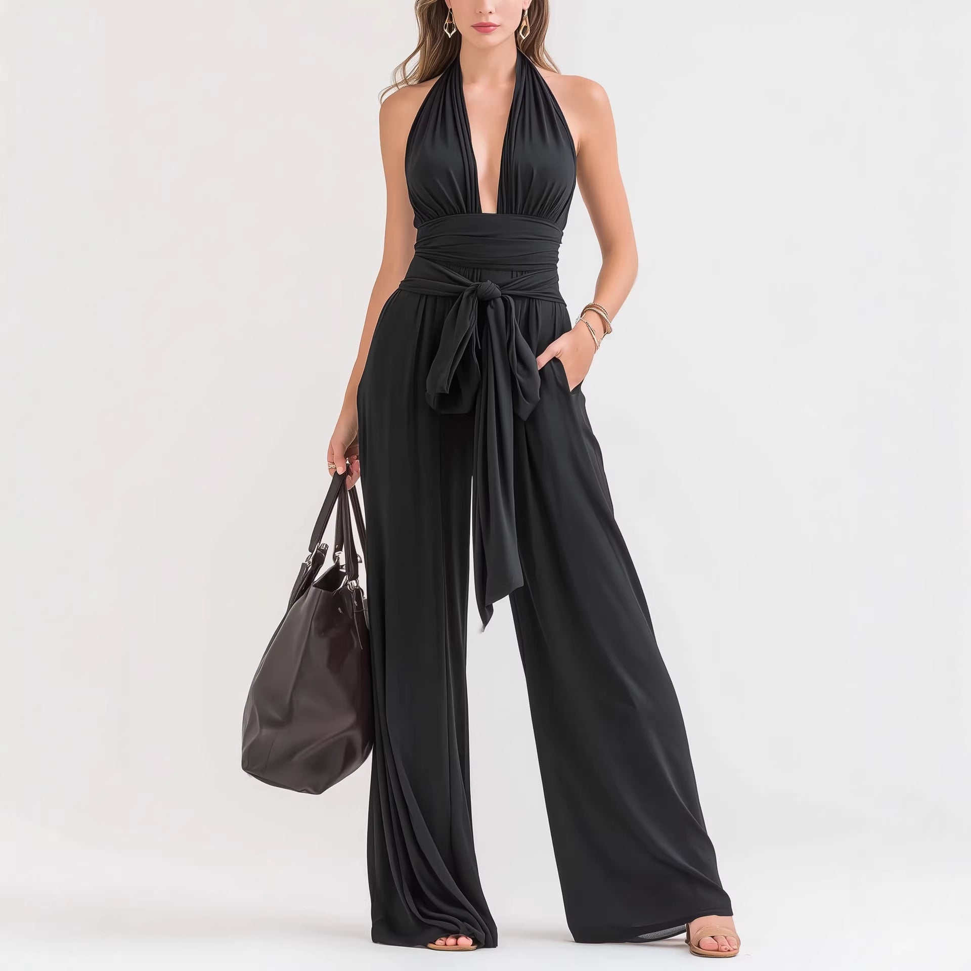 Sophisticated Halter-Neck V-Neck Long Solid-Colored Jumpsuit