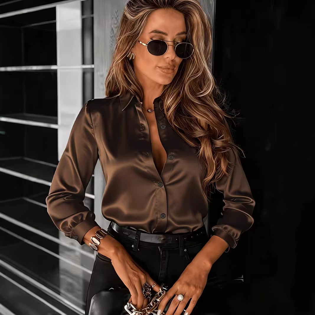 Commuter Drapey Satin Long-Sleeve Lapel Shirt For Women