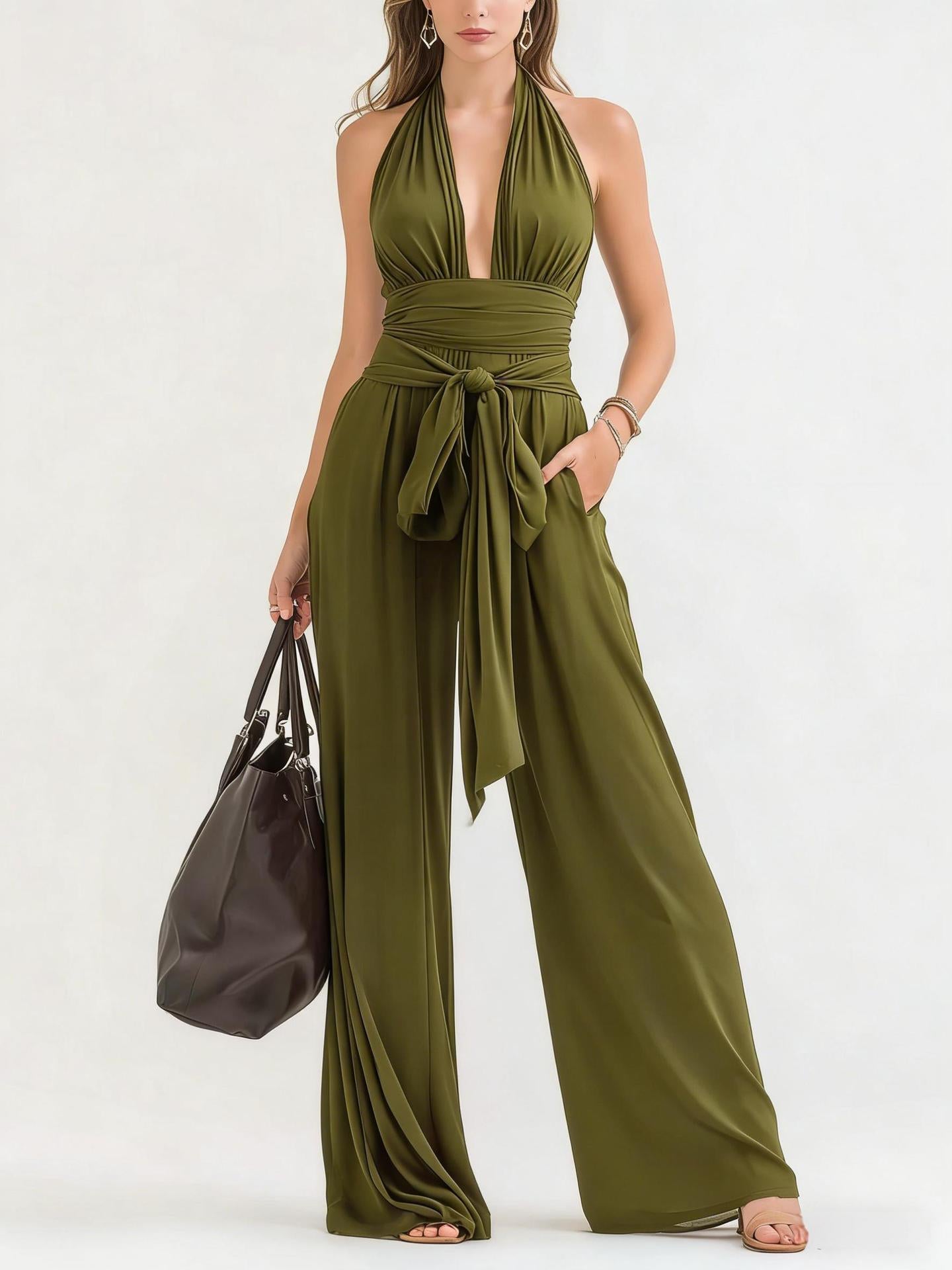 Sophisticated Halter-Neck V-Neck Long Solid-Colored Jumpsuit
