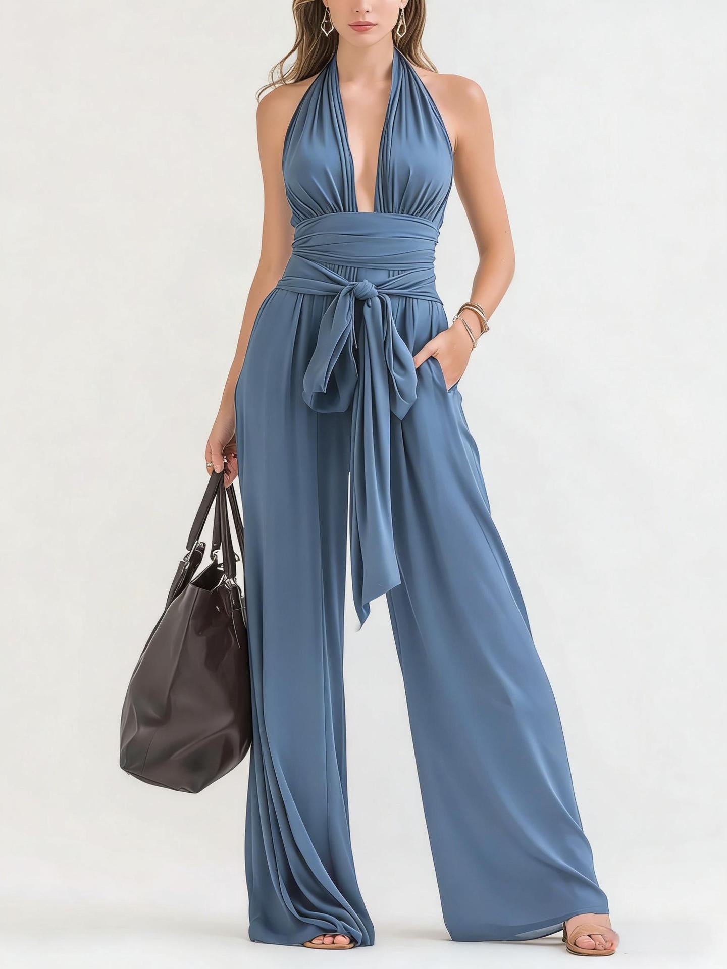 Sophisticated Halter-Neck V-Neck Long Solid-Colored Jumpsuit