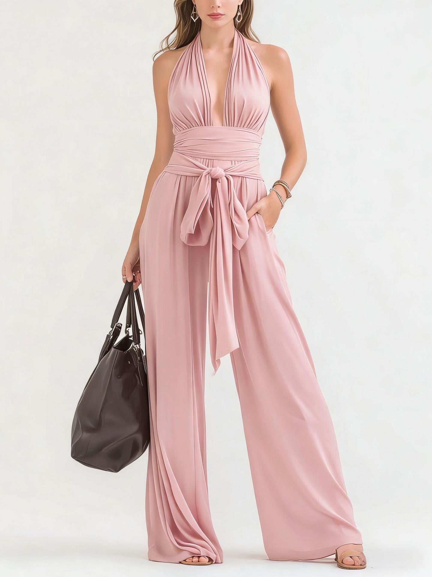 Sophisticated Halter-Neck V-Neck Long Solid-Colored Jumpsuit