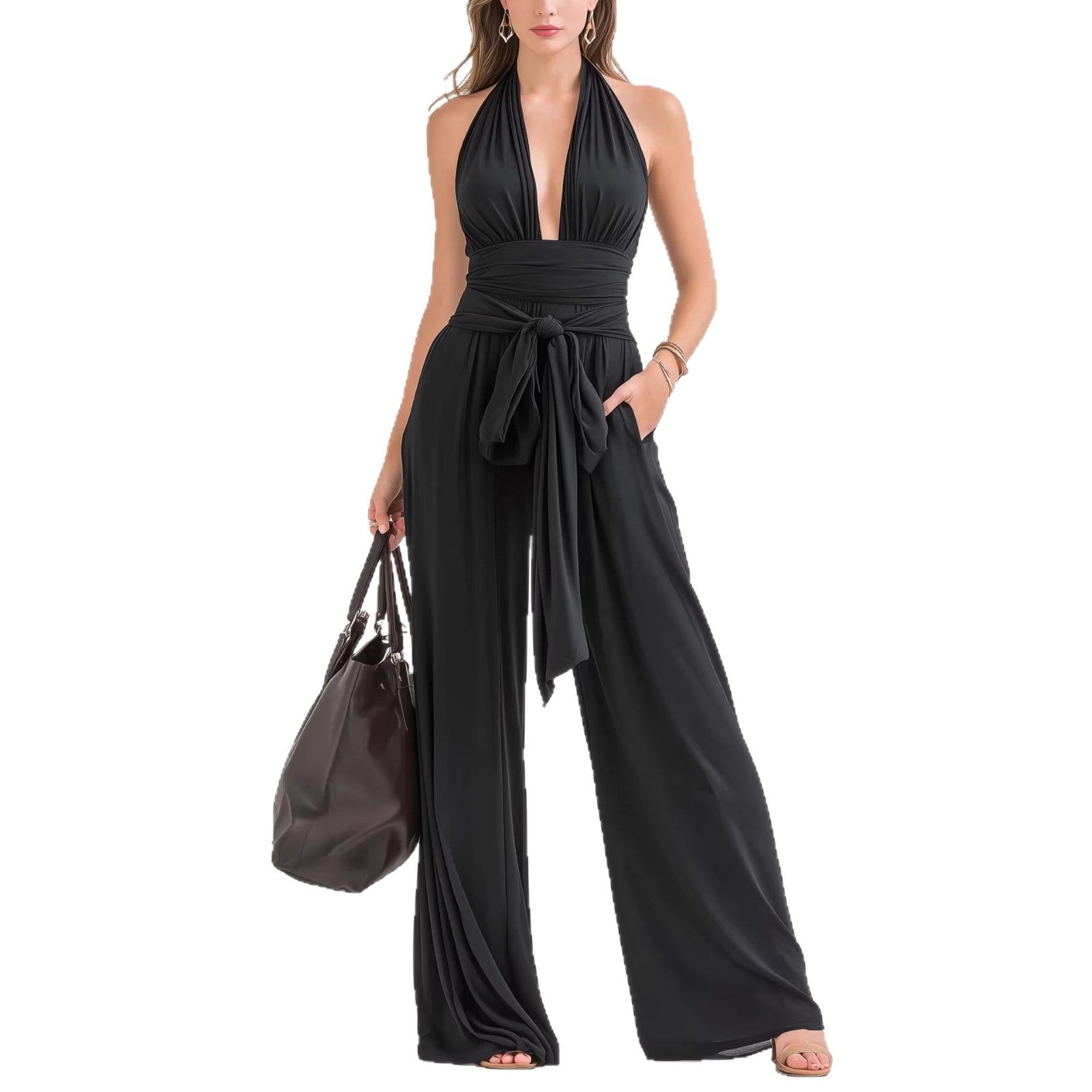 Sophisticated Halter-Neck V-Neck Long Solid-Colored Jumpsuit