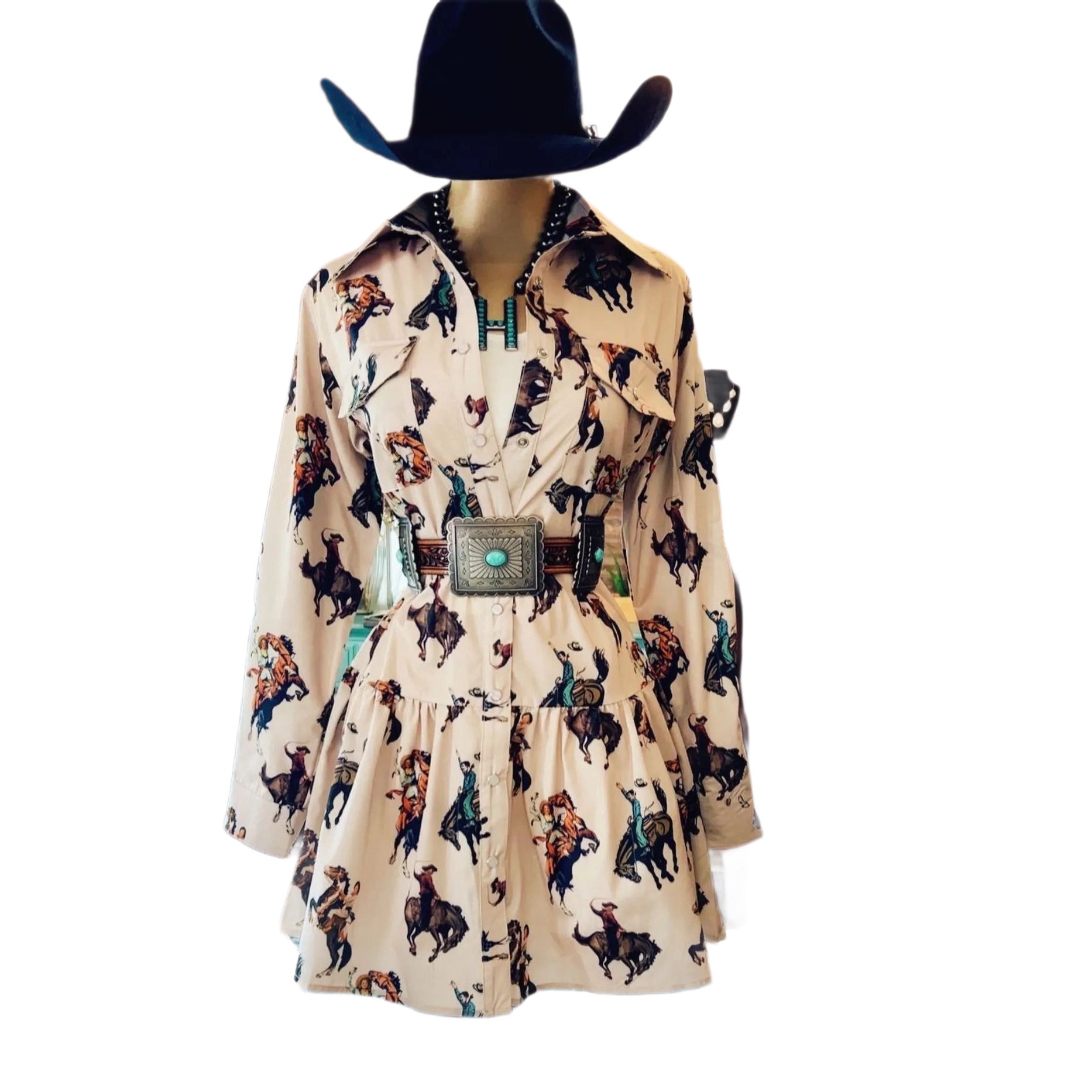 Western Cowboy-Style Printed Long-Sleeve Dress
