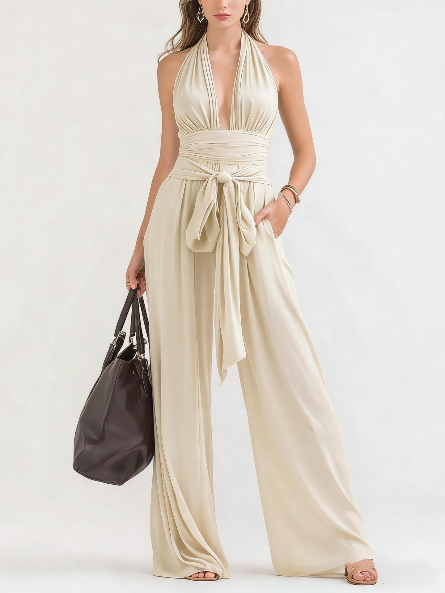 Sophisticated Halter-Neck V-Neck Long Solid-Colored Jumpsuit
