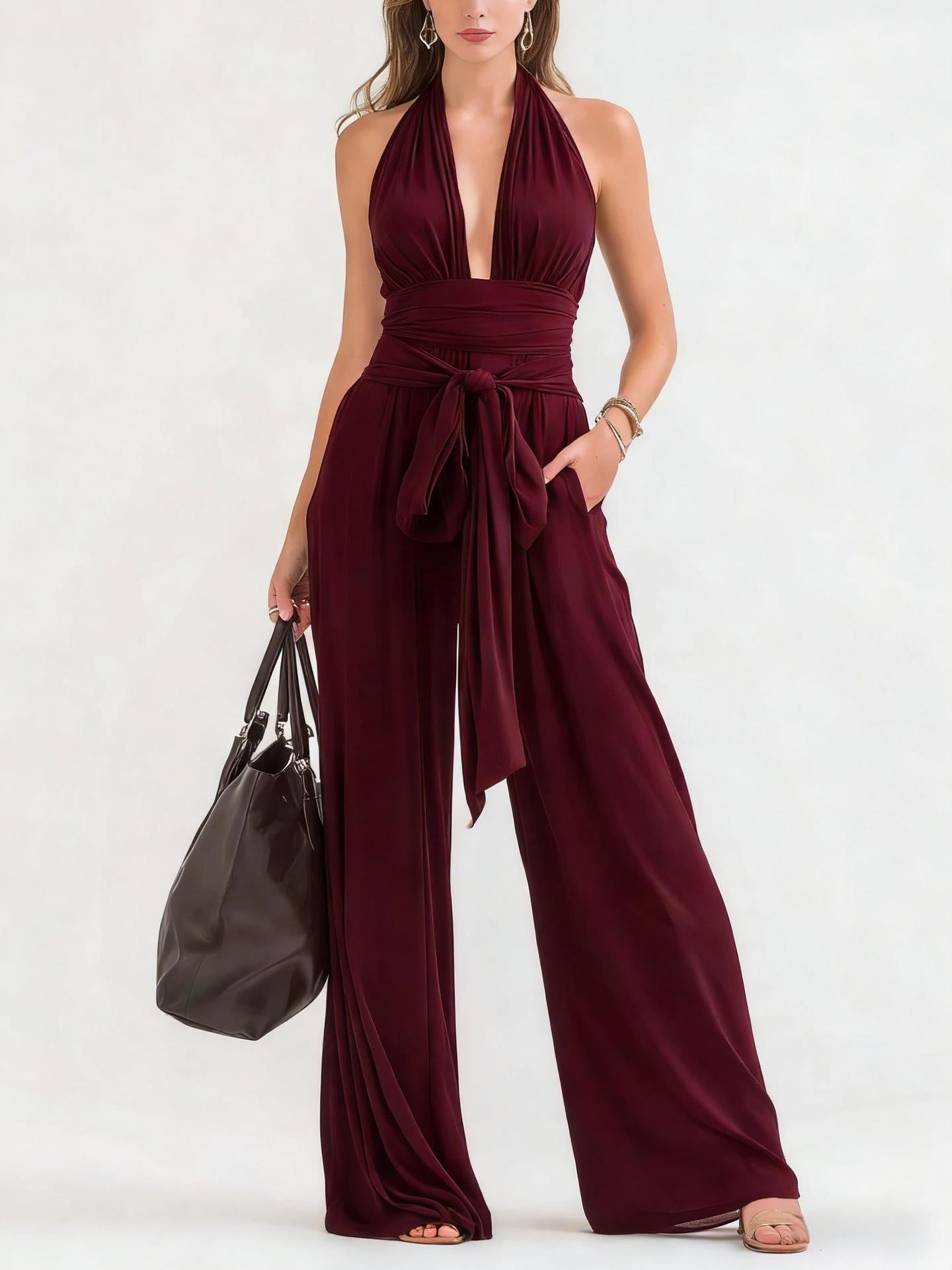 Sophisticated Halter-Neck V-Neck Long Solid-Colored Jumpsuit
