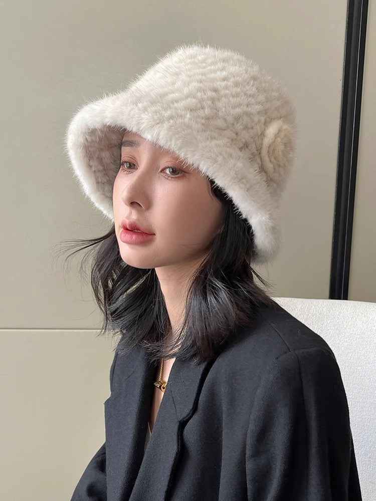 Mink Woven Fur Hat Women's Camellia Flower Bucket Hat